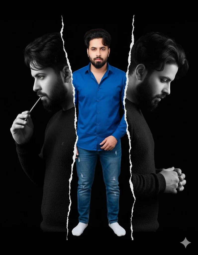 A creative vertical photo collage portrait of a handsome South Asian man with a well-groomed full beard and voluminous dark hair, set