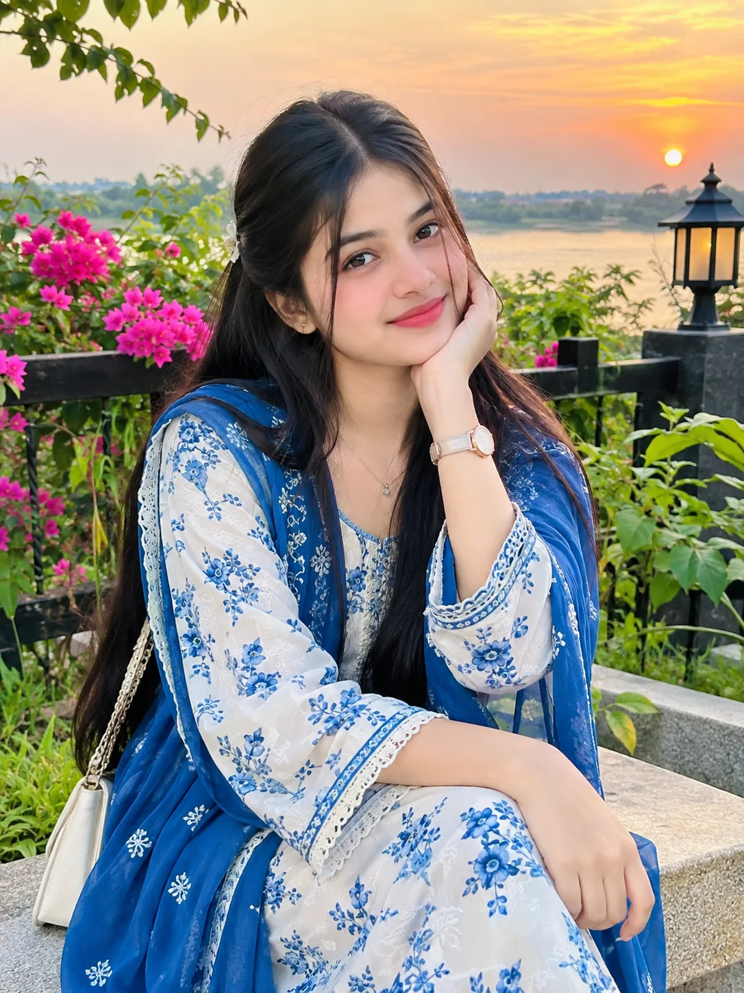 A beautiful young South Asian woman wearing an elegant blue and white floral traditional dress with a matching dupatta, sitting gracefully