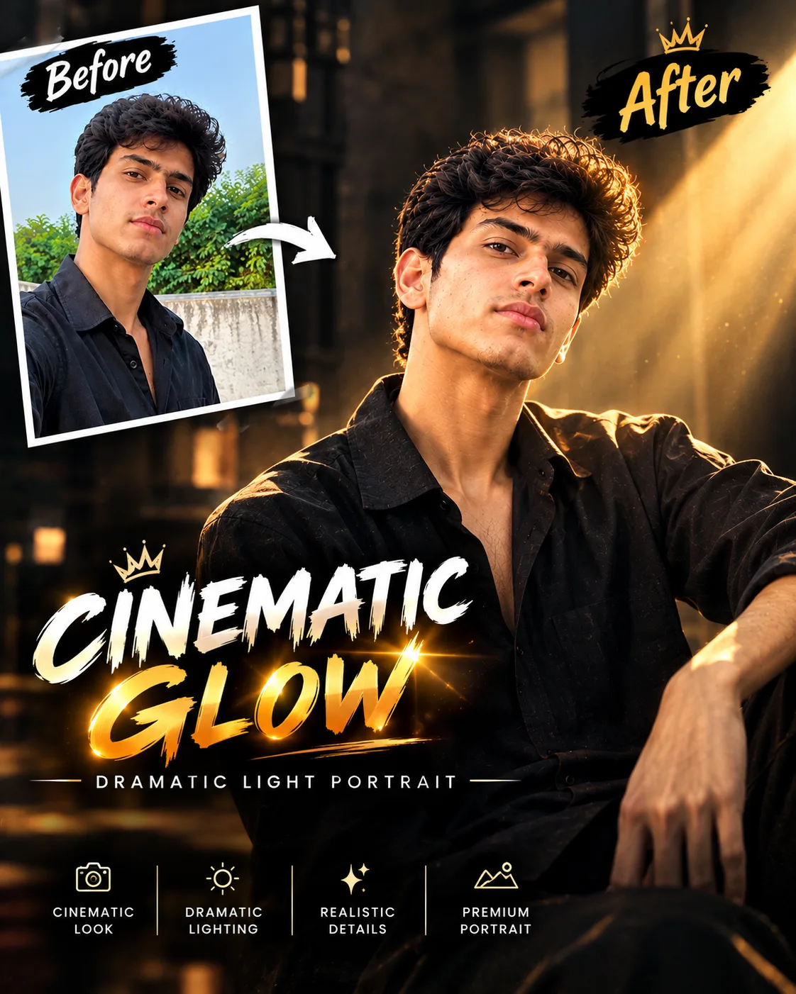Transform the uploaded photo into a highly realistic cinematic editorial portrait with dramatic glowing light.