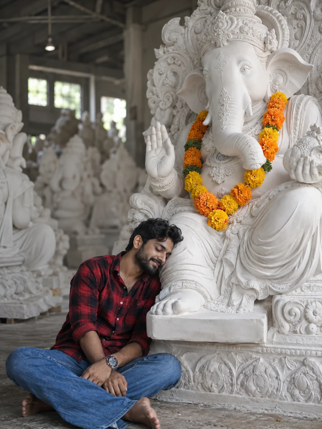A realistic, high-quality photograph of a young man with a short beard resting peacefully at the base of a large, unpainted white statue of