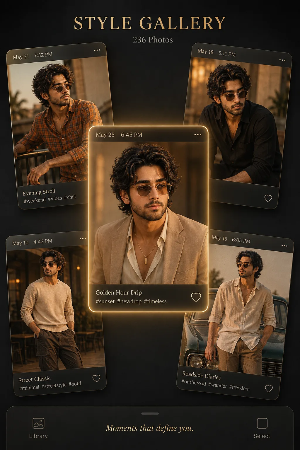A digital UI mockup display titled "STYLE GALLERY" at the top with "236 Photos" underneath, set against a dark gray background.