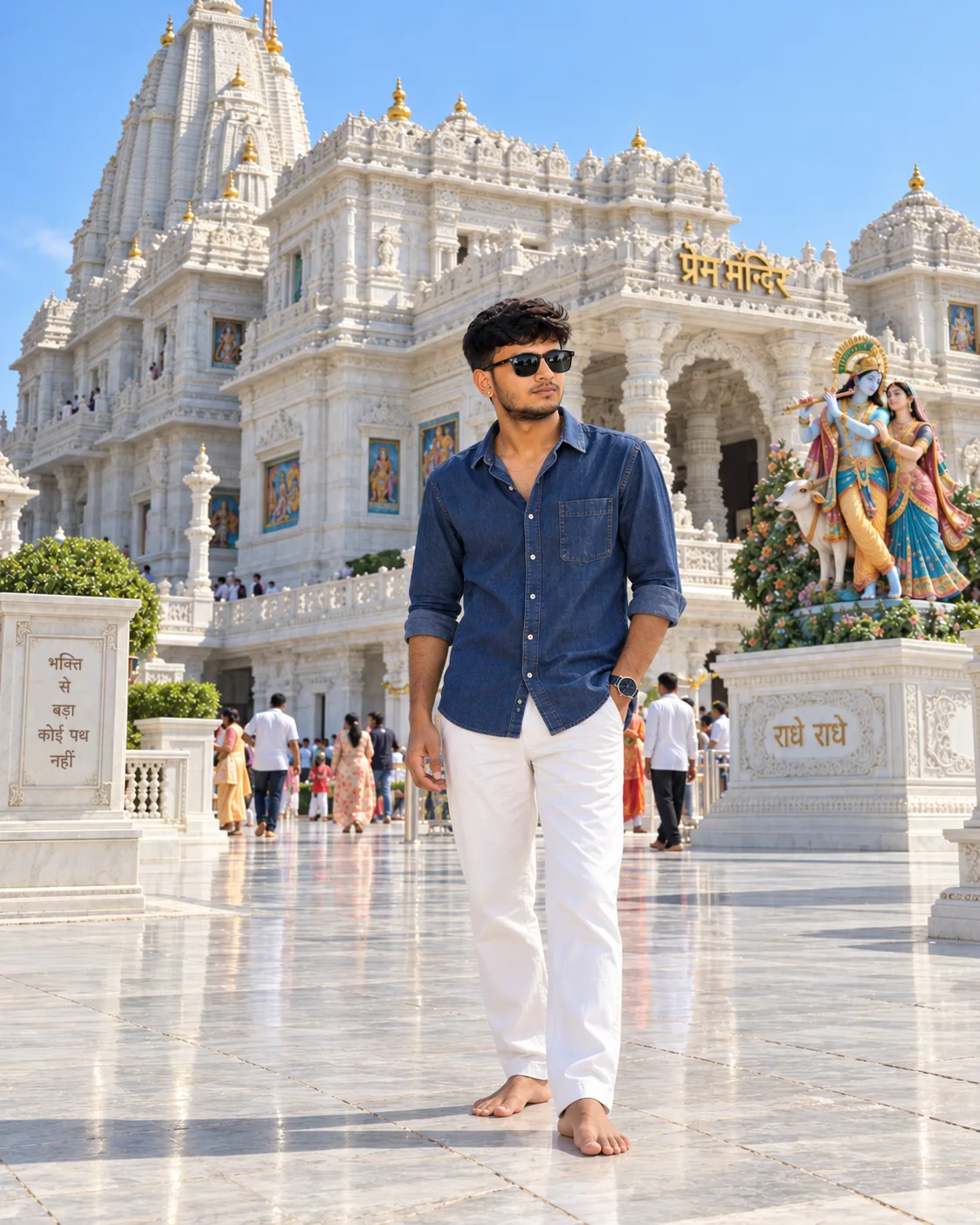 Prompt: Create a highly realistic, ultra-detailed cinematic travel photograph of a young Indian man standing casually in the grand