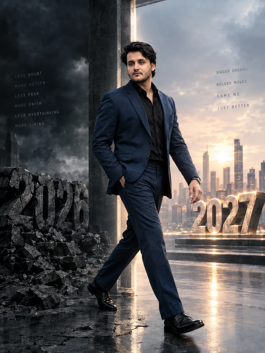 Ultra-realistic cinematic New Year transformation poster in 3:4 vertical photo composition.
