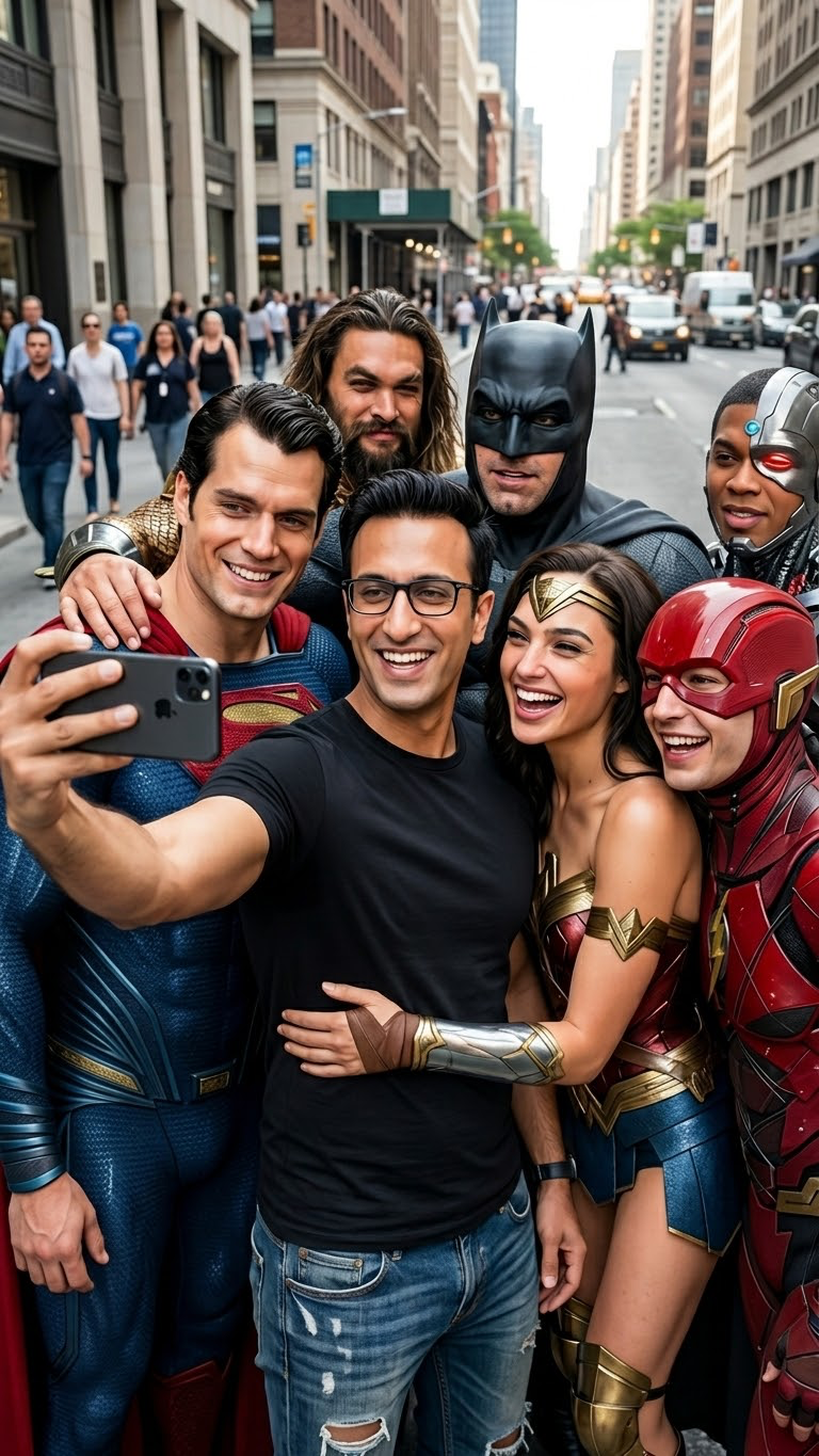 A ultra realistic group selfie, center is the person from the attached image, wearing a fitted black shirt and ripped jeans, holding an