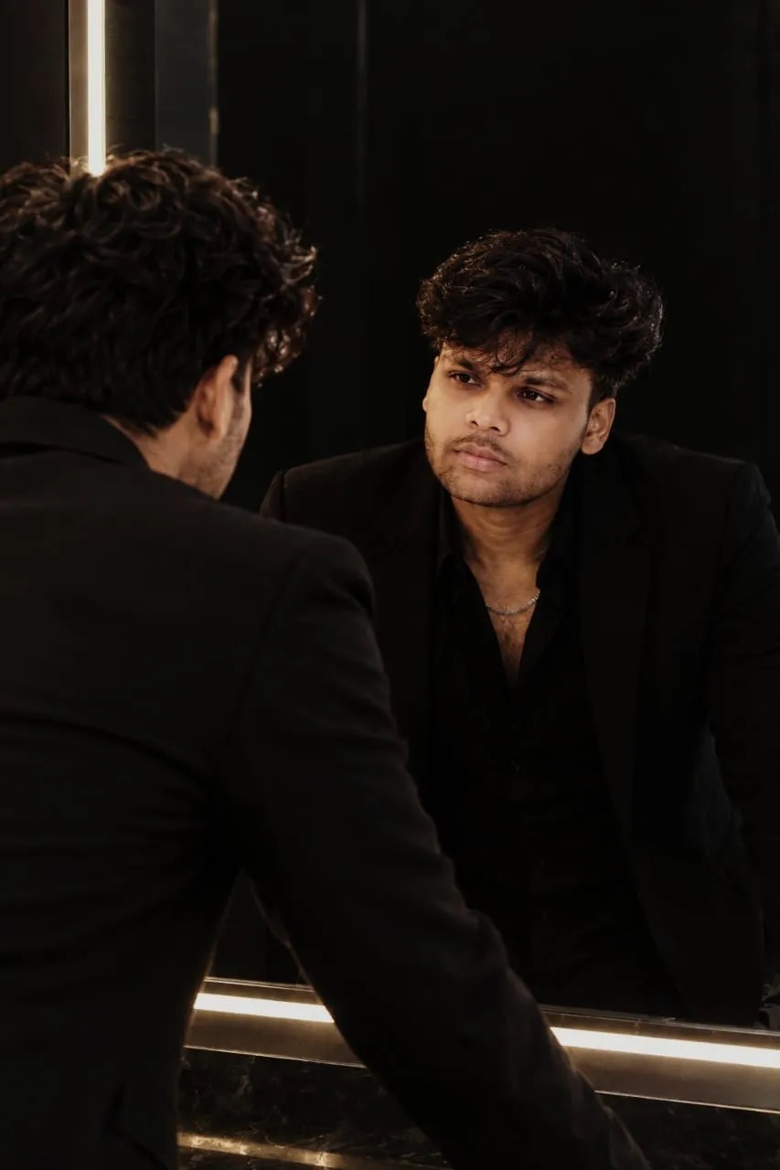 Use my exact reference image face, ultra-realistic cinematic mirror portrait, vertical.