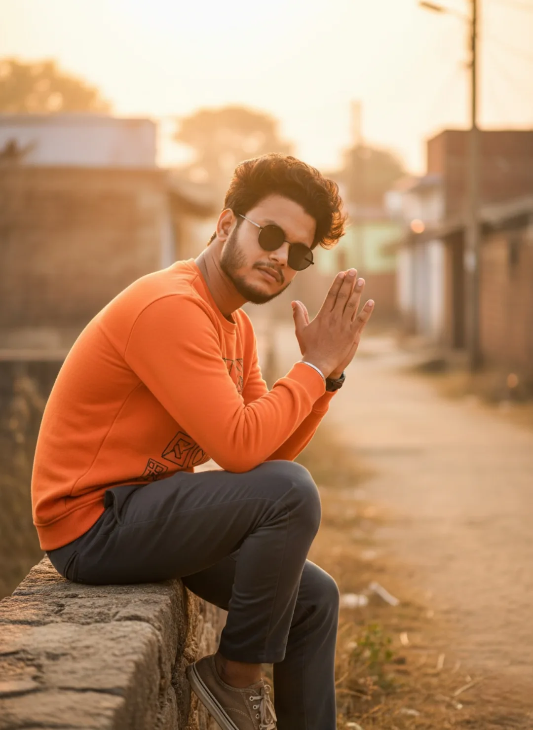 > A realistic portrait of a 26-year-old young man sitting casually on a low stone wall in a scenic park during golden hour.