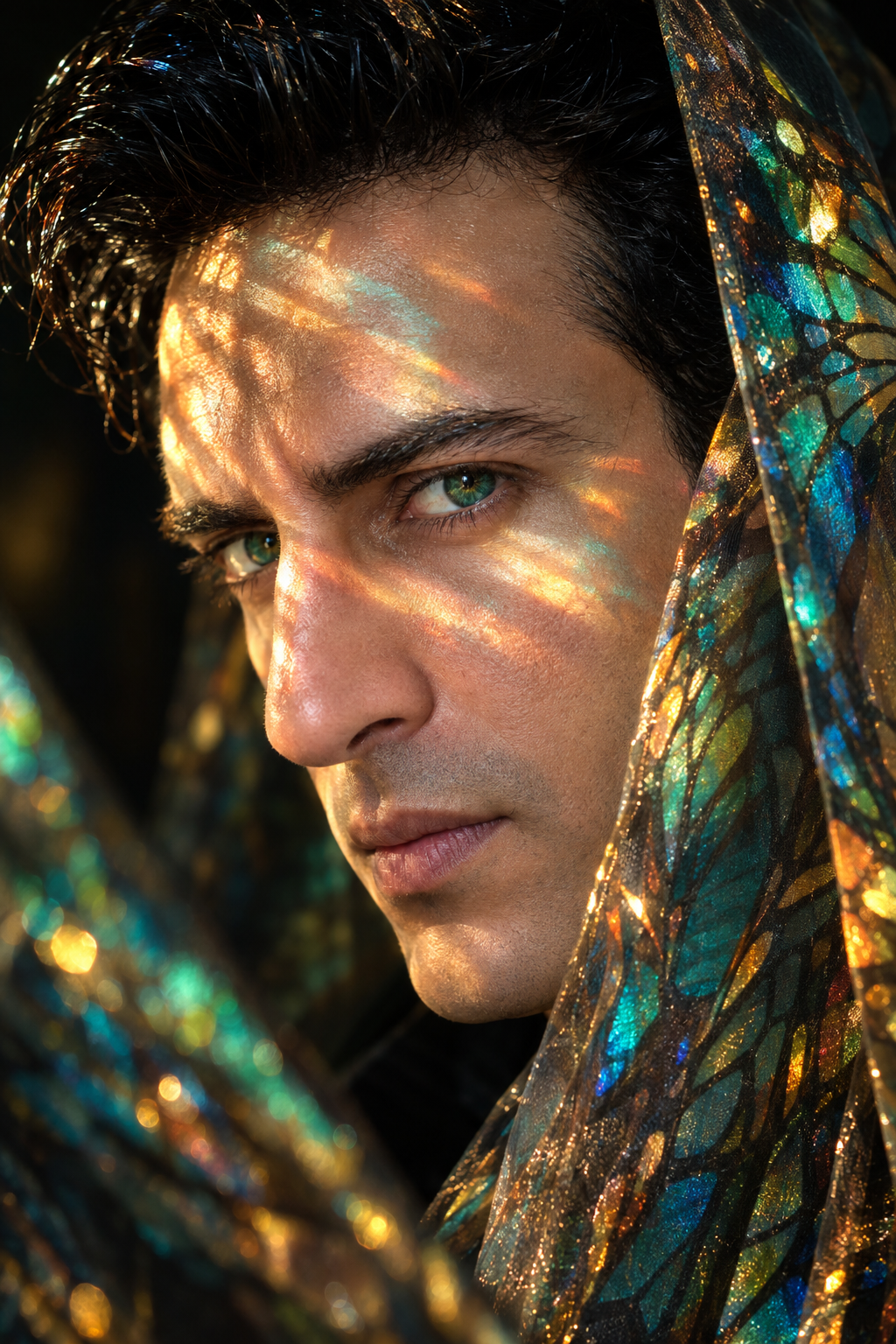 Ultra-realistic cinematic close-up portrait of his in side profile, emerald-green eyes sharply in focus, soft natural lips, flawless skin