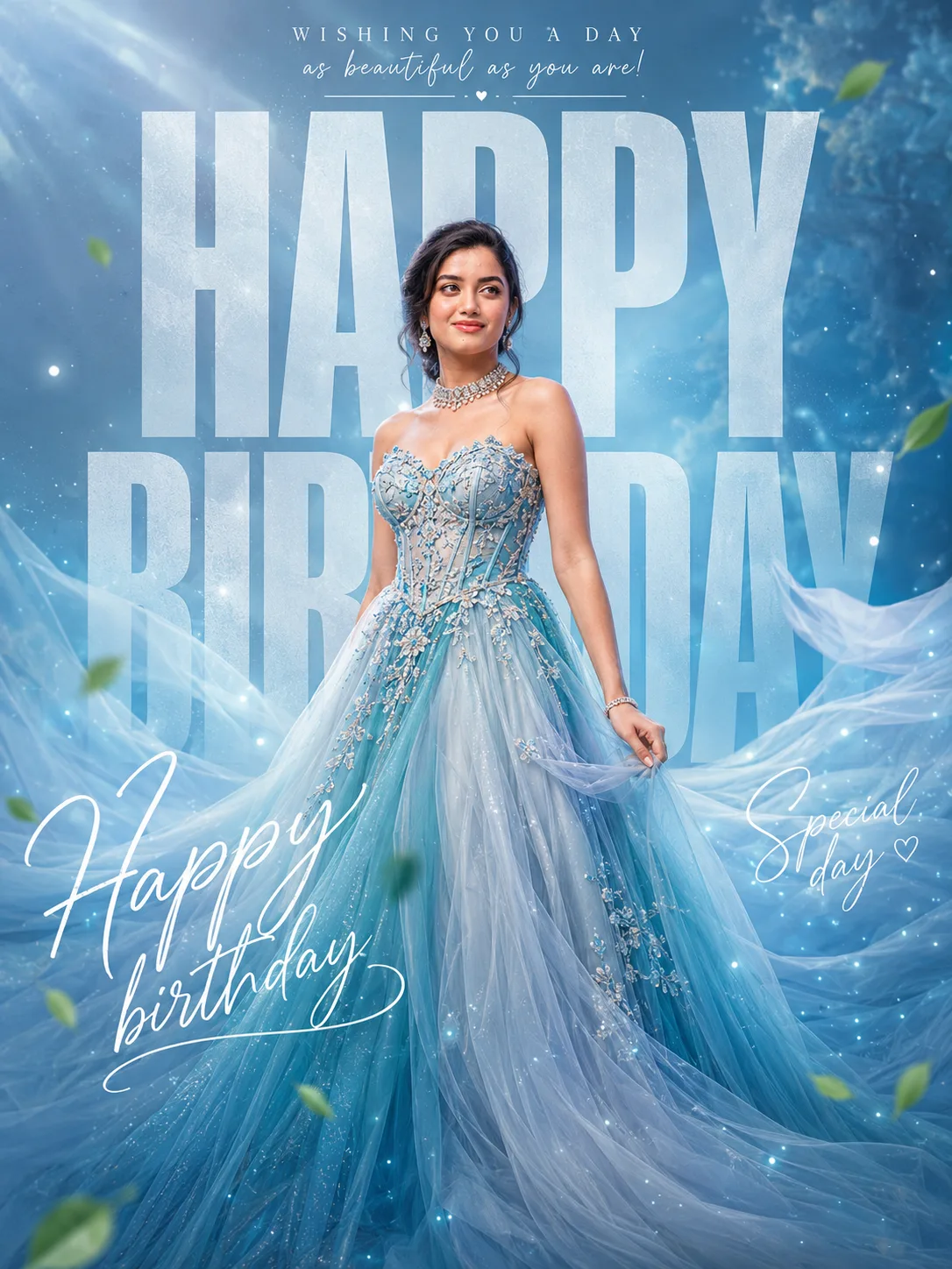 Create an ultra-realistic, premium cinematic birthday poster of a young Indian woman, using the uploaded reference image as the ONLY