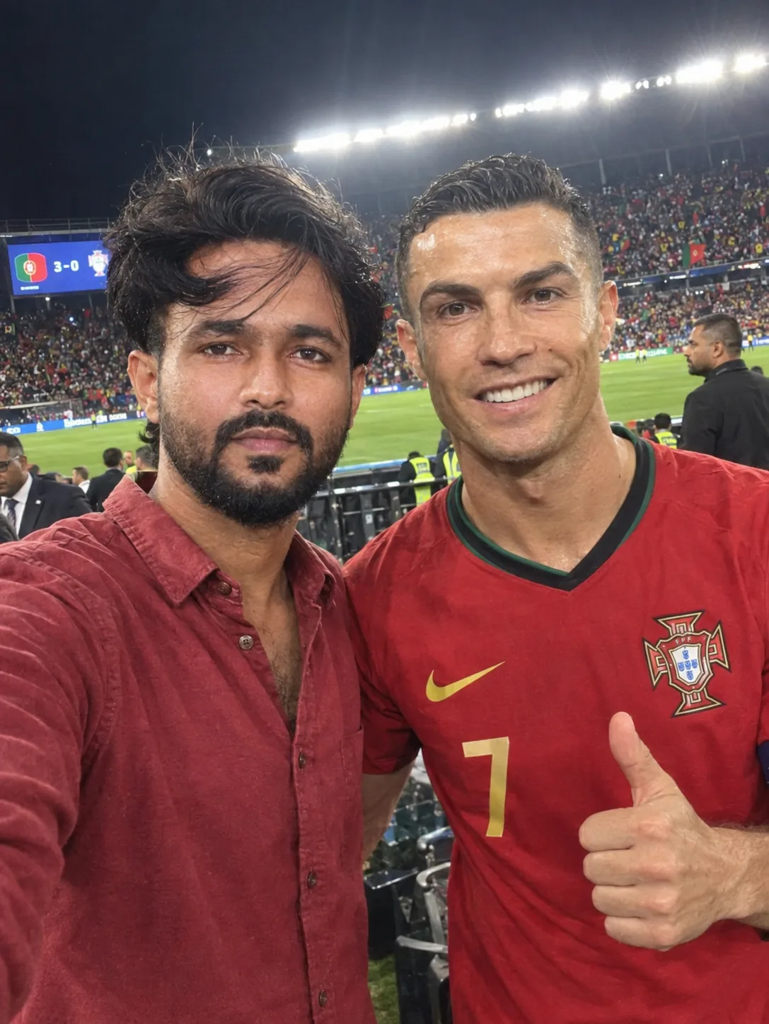 Create a highly realistic candid DSLR selfie at a packed football stadium during a night match.