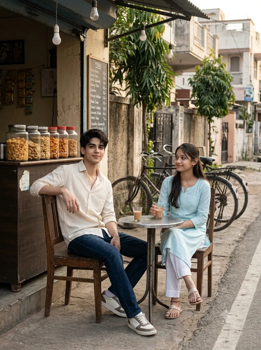 Ultra realistic full body photograph of a young boy and girl sitting together outside a small old-fashioned roadside cafe on a peaceful