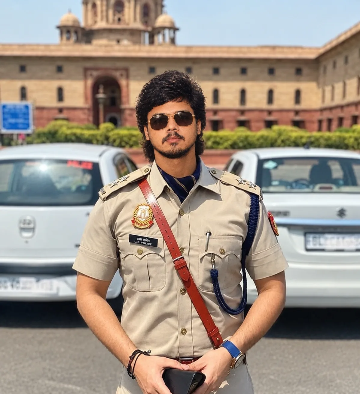 Ultra-realistic cinematic portrait of a young Indian man standing confidently in front of a grand sandstone government building in New
