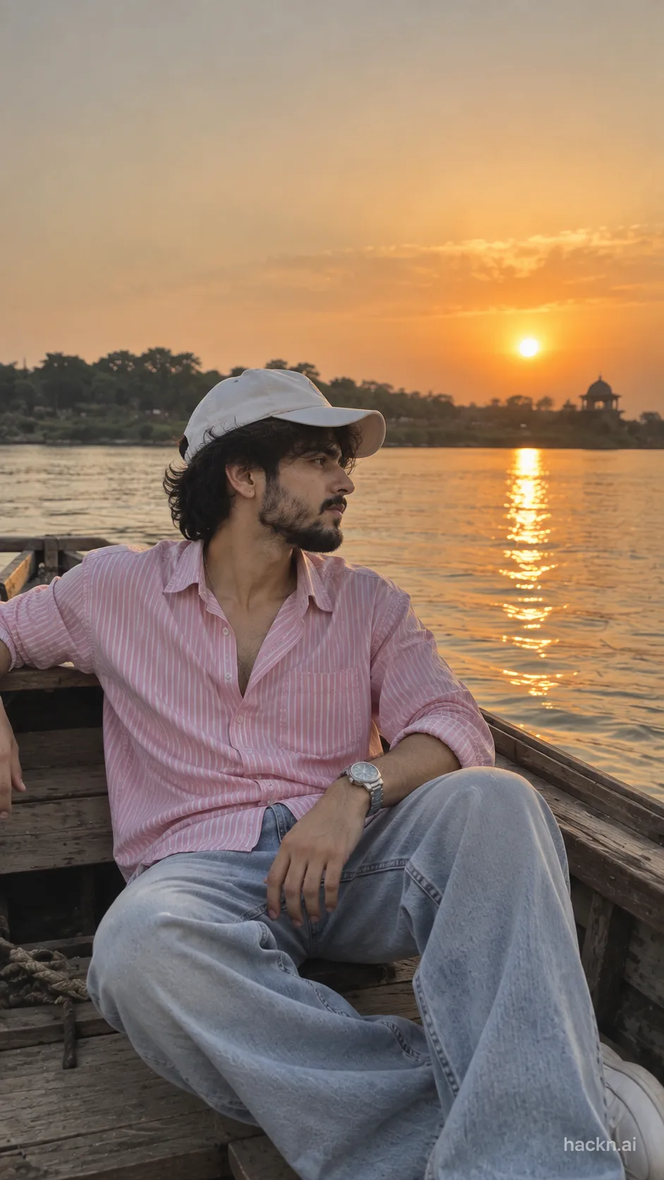 Realistic photo of a young South Asian man sitting on a wooden boat at sunset, wearing a light-pink striped shirt, light-wash baggy jeans,