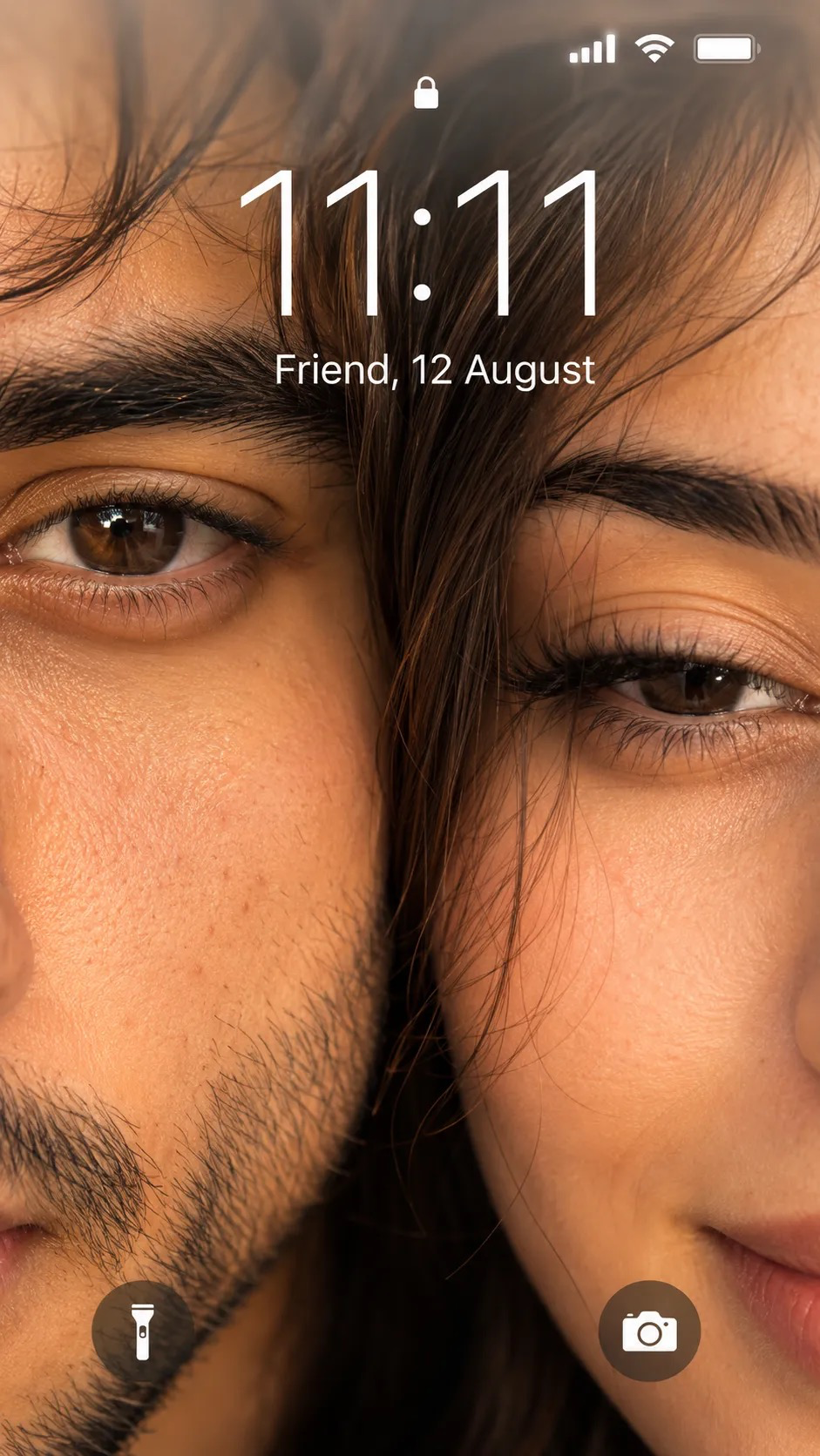 Ultra-realistic iphone lockscreen wallpaper, extreme close-up of couple faces, only one eye each visible__boy eye fully open, girl eye