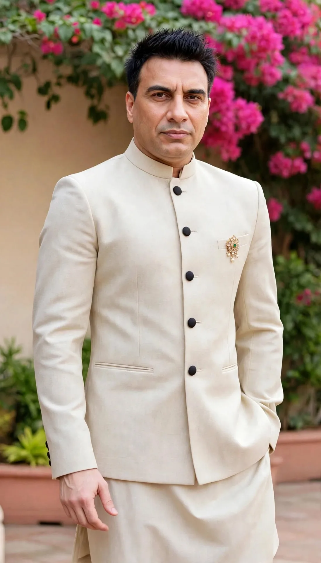 A confident South Asian man in his 40s, short spiky black hair, serious expression, wearing an elegant off-white / cream bandhgala Jodhpuri