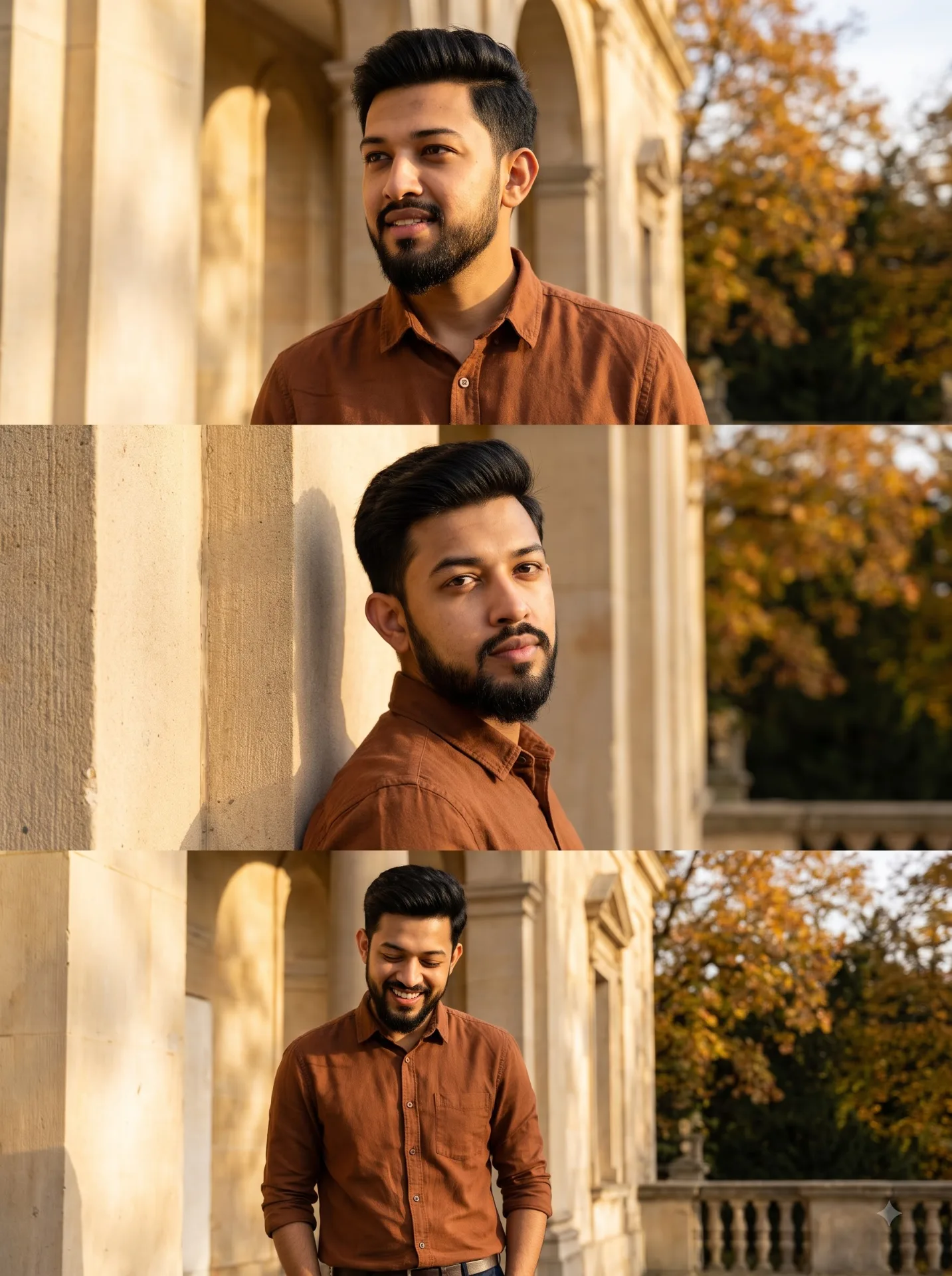Ultra-realistic 3-panel cinematic portrait of a young man with black hair wearing a rust-brown shirt, warm golden-hour sunlight, vintage
