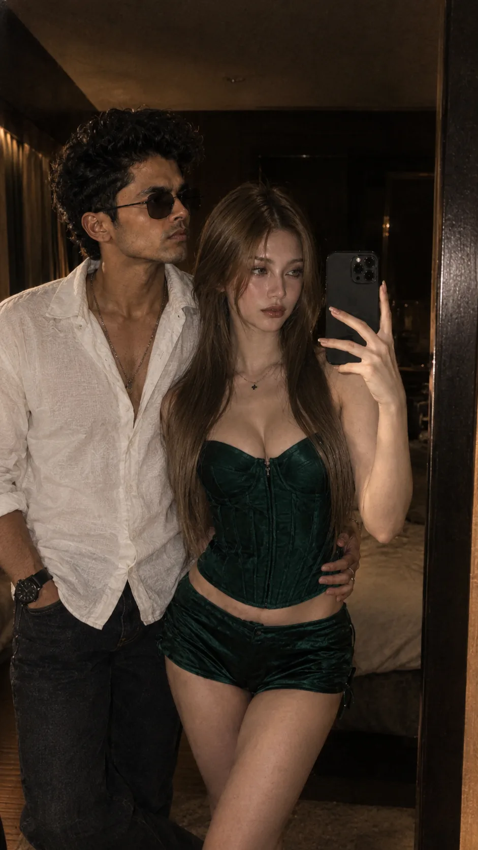 Prompt: > A candid intimate couple portrait in a warm rustic wooden room, photographed in natural daylight, 9:16 vertical.