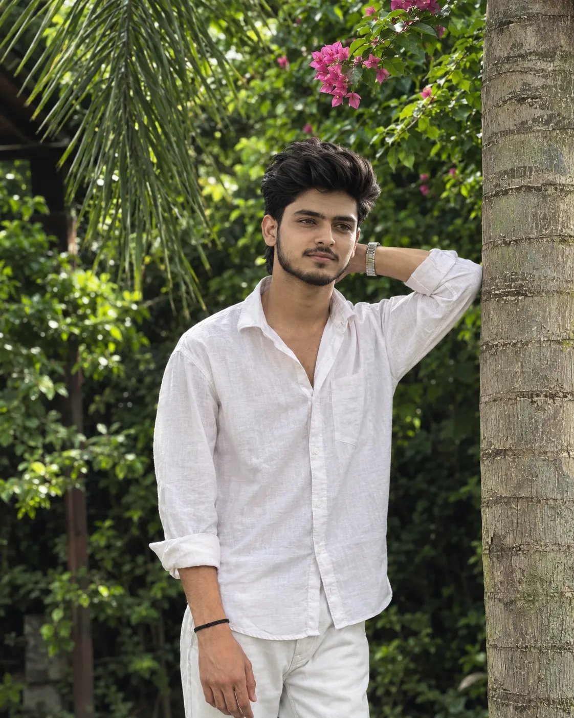 A highly photorealistic cinematic full-body portrait of an 18-year-old South Asian/Indian boy with a slim, lean physique, standing casually