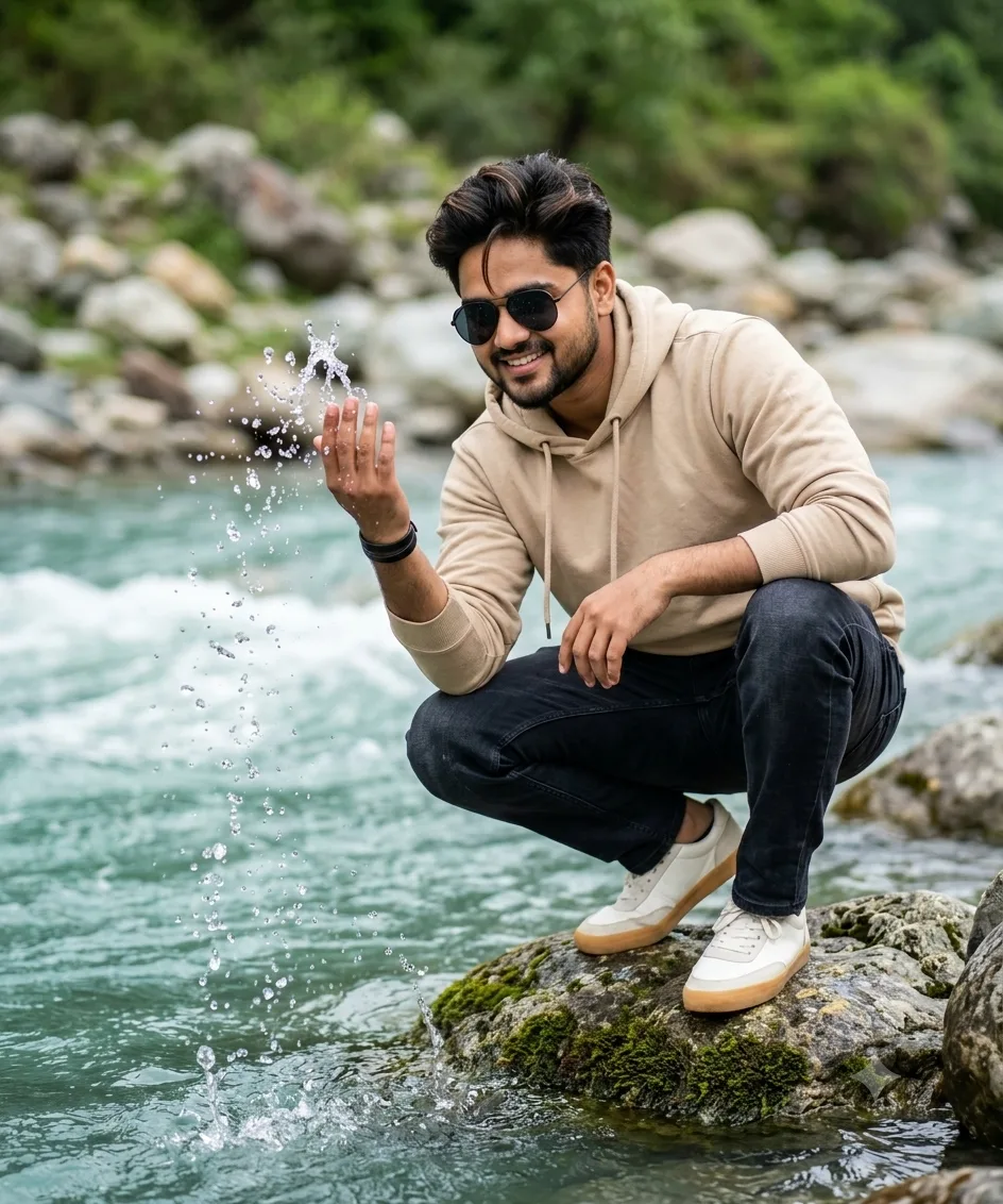 Prompt A young man crouching on a rock beside a flowing river, gently splashing water with his hand.