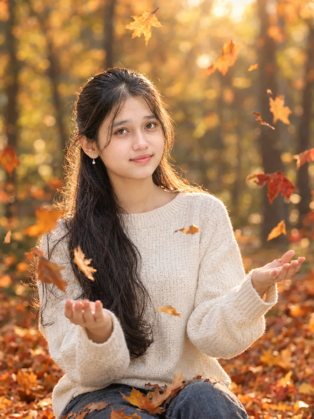 A highly detailed cinematic photograph of a young woman sitting in an autumn park surrounded by falling leaves.