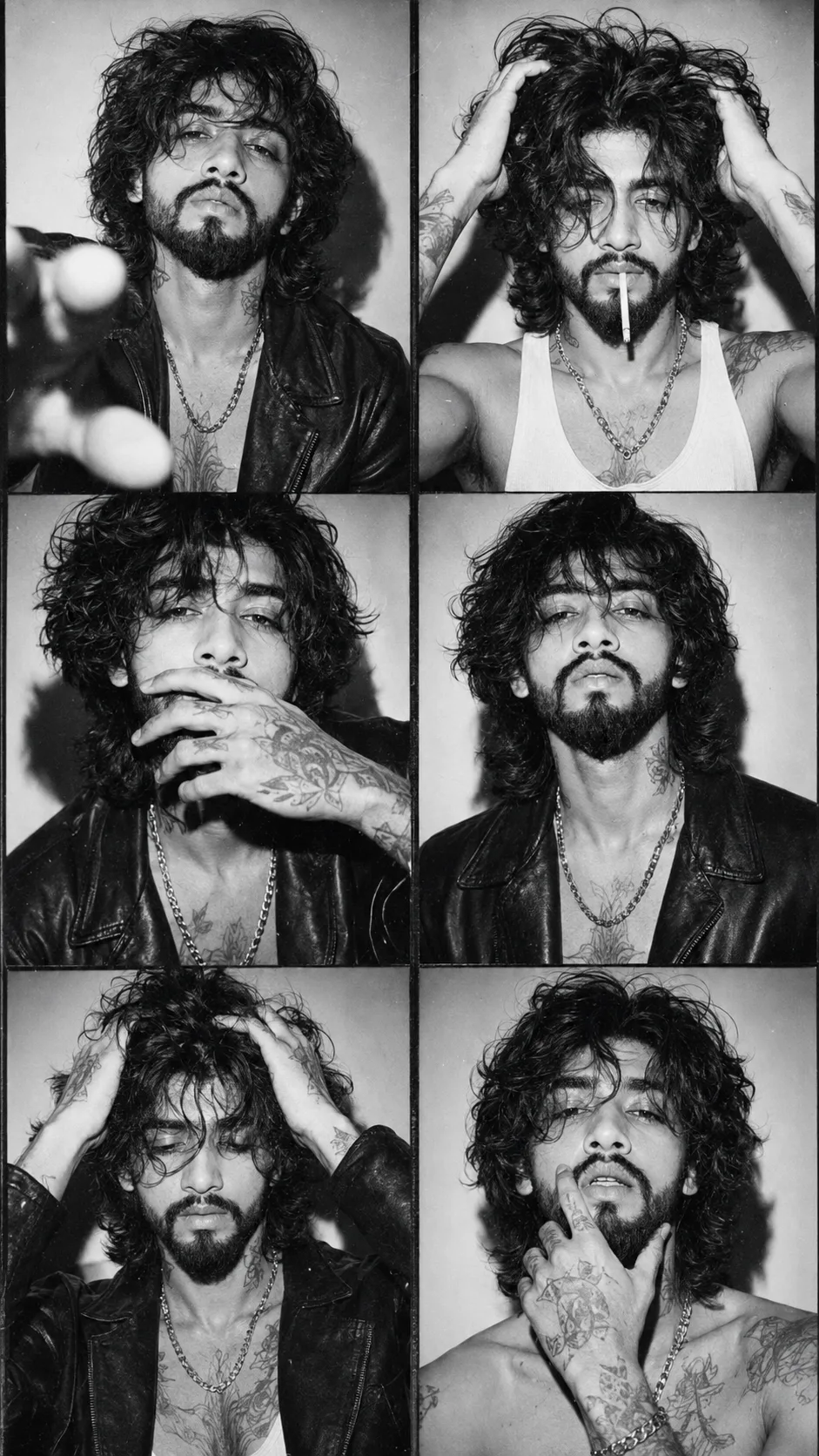 Create an ultra-realistic black-and-white vintage editorial contact-sheet collage that closely recreates the provided reference image,