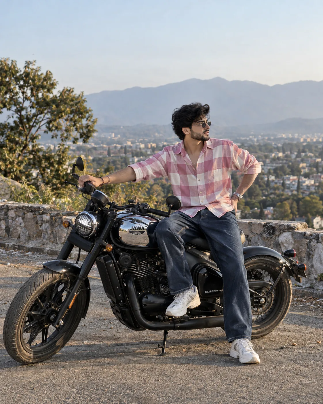 Photorealistic photo of a young South Asian man in his mid-20s with stylish black hair and a light beard, wearing thin rimless rectangular