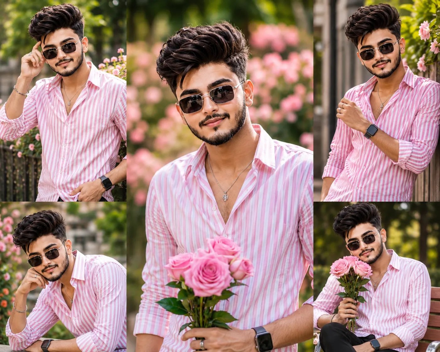 Create an ultra-realistic 8K outdoor portrait collage based on the uploaded photo, featuring the same individual in five stylish poses.