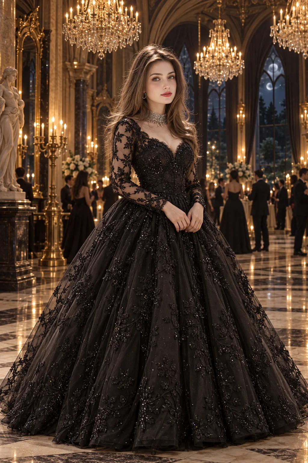 CONCEPT: A luxurious, photorealistic full-length portrait photograph featuring the same woman from "image_106.png", preserving her exact