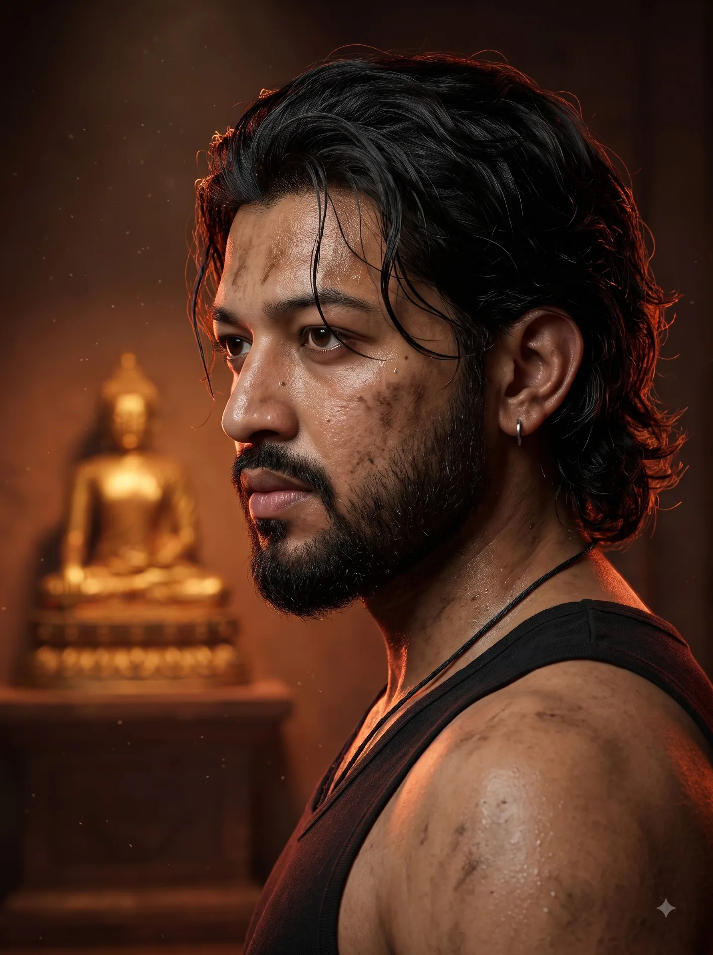 Ultra realistic, photorealistic, 8k close-up profile portrait of a South Asian male in his mid-20s, 5'7" tall.
