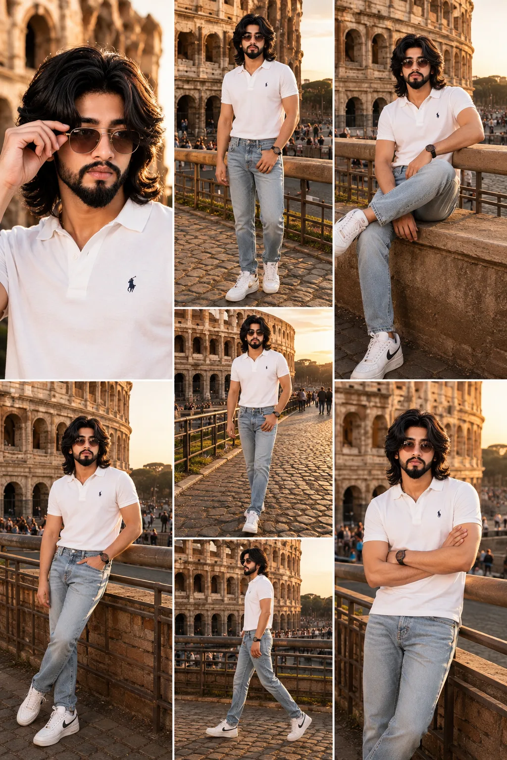 Photorealistic cinematic collage of a handsome 30-year-old South Asian man with short dark wavy hair, trimmed full beard, and sunglasses,