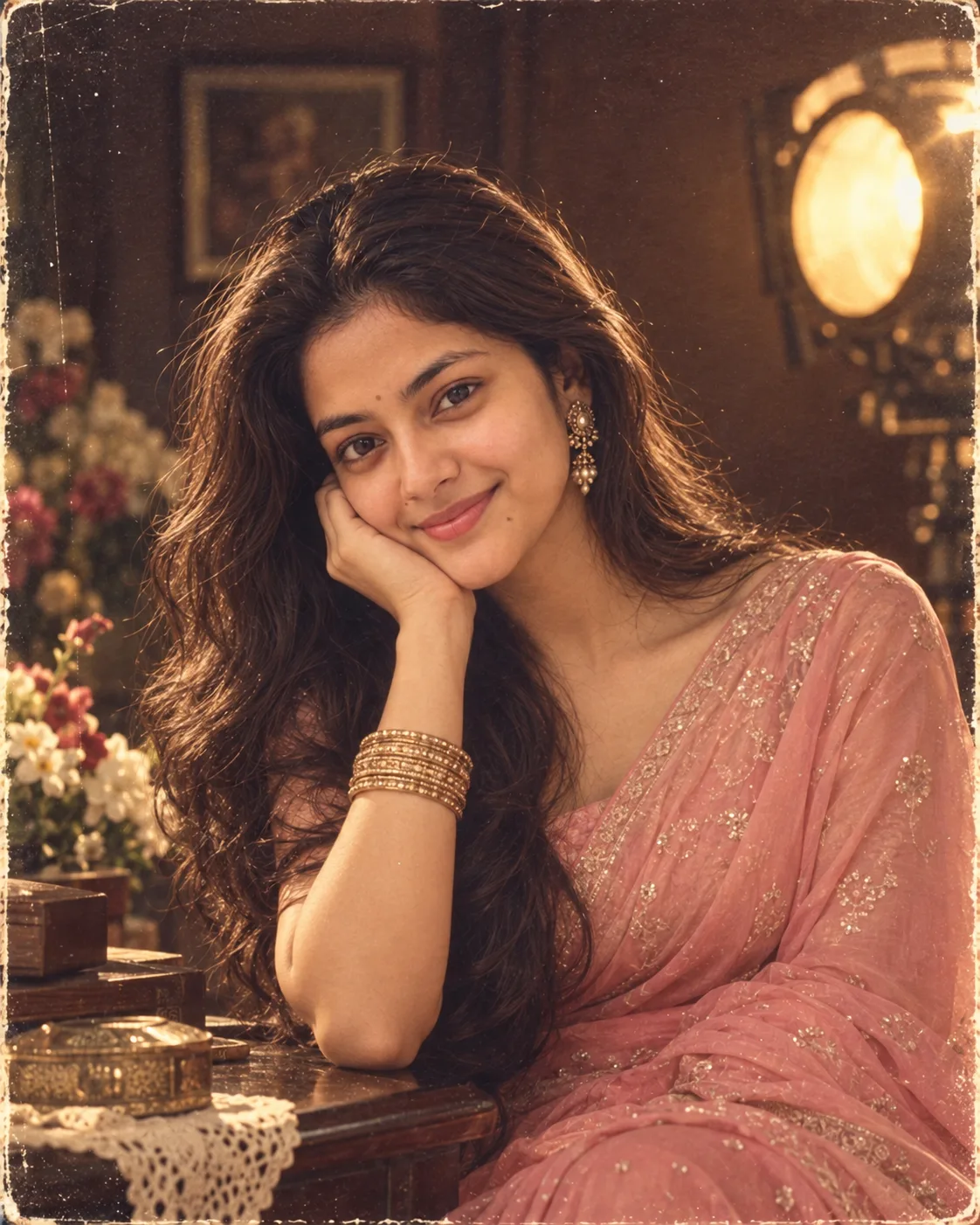 Vintage cinematic portrait of a glamorous girl in a soft pink embellished saree, voluminous dark wavy hair, elegant earrings and stacked