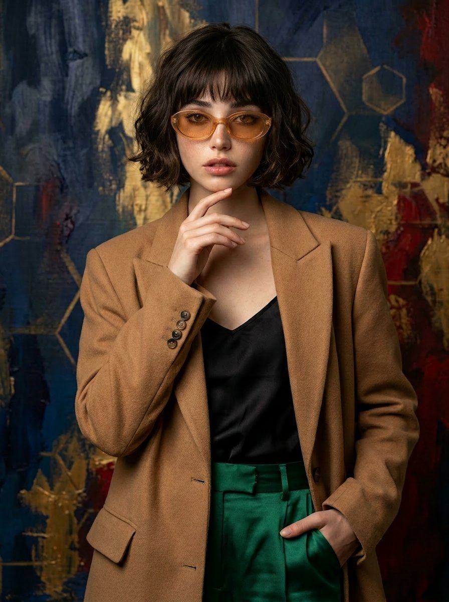 A high-fashion professional portrait of a young woman with a dark brown wavy bob and soft bangs, featuring light freckles and hazel eyes