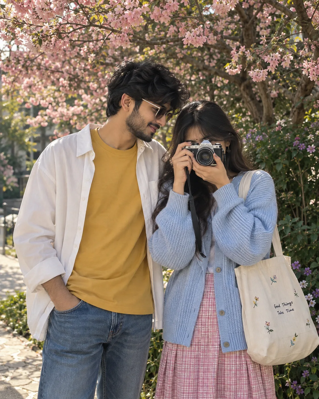 Create a "highly photorealistic pont Llos pylo photograph of a young South Asian/Indian couple use the peaded image as the primary