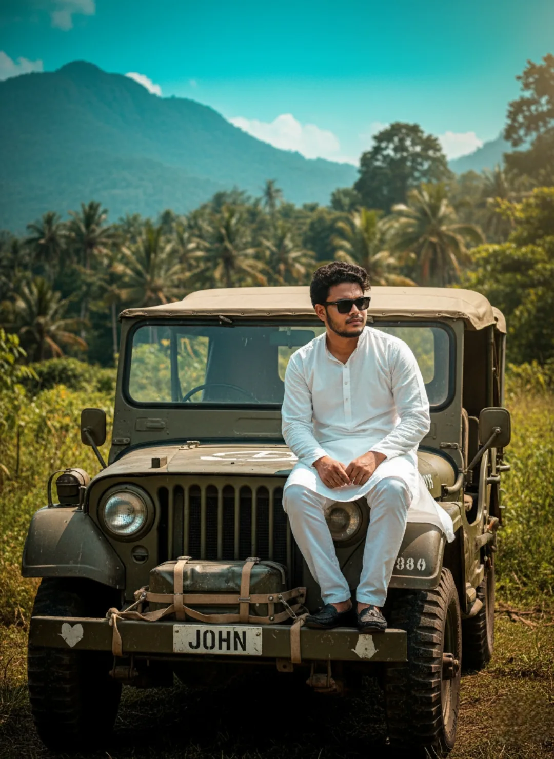 A young South Asian man with short curly black hair, light beard, and black sunglasses, wearing a white long-sleeved kurta and white pants