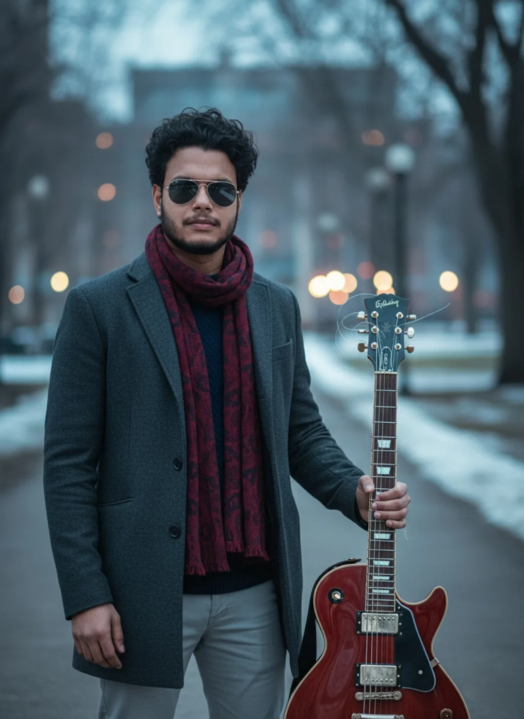 A stylish young South Asian man with curly black hair, short beard and mustache, wearing reflective aviator sunglasses, a long