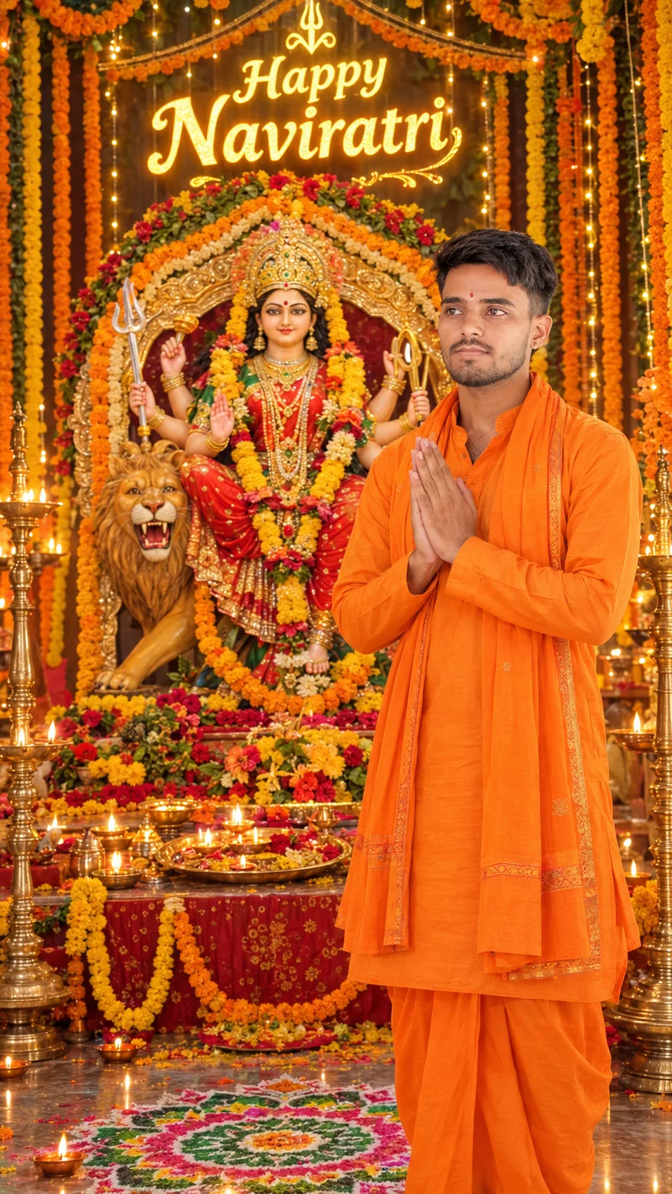Create a highly realistic, ultra-detailed devotional Navratri portrait in a grand Indian temple decoration.