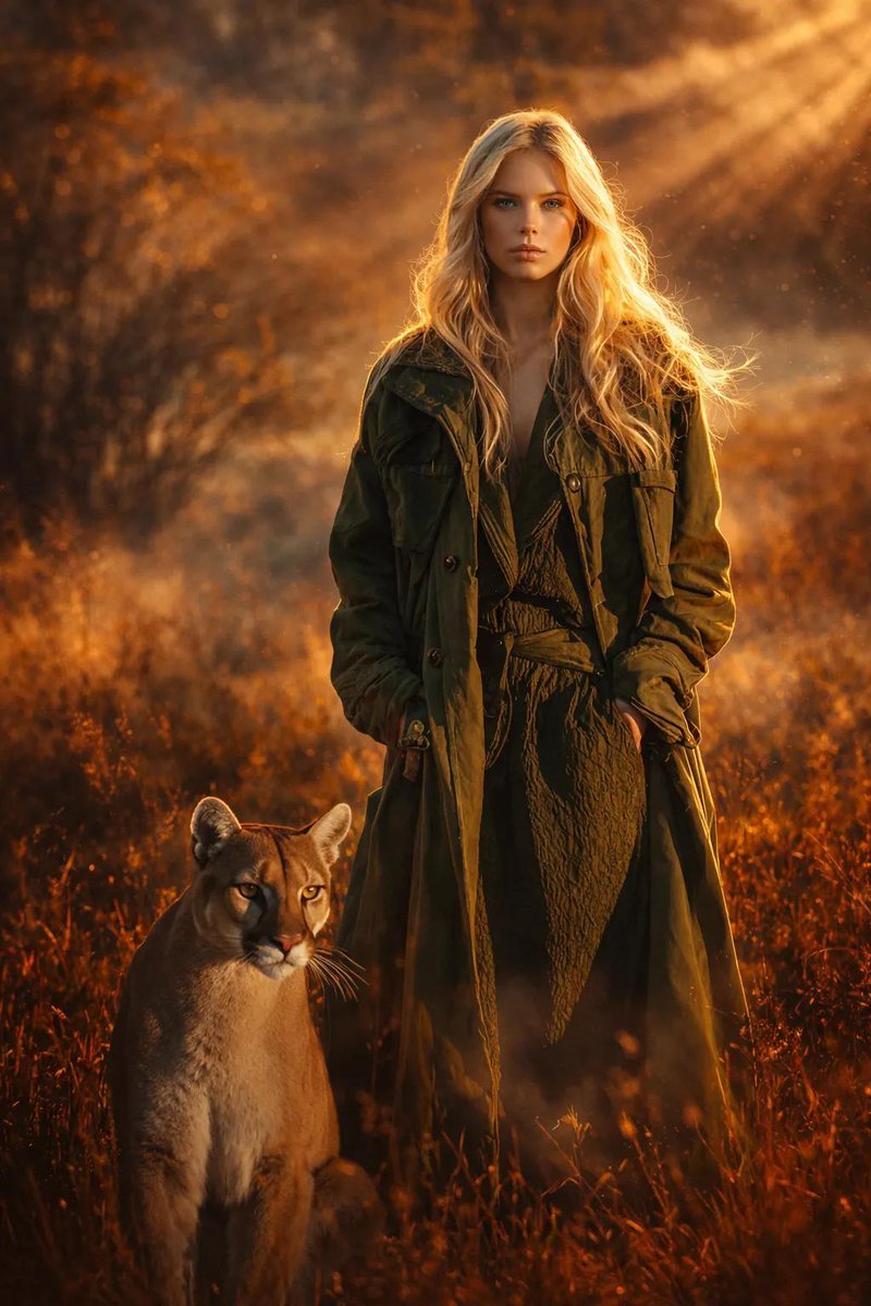 A cinematic portrait of a fearless blonde woman standing in a vast golden-brown grassland at golden hour.