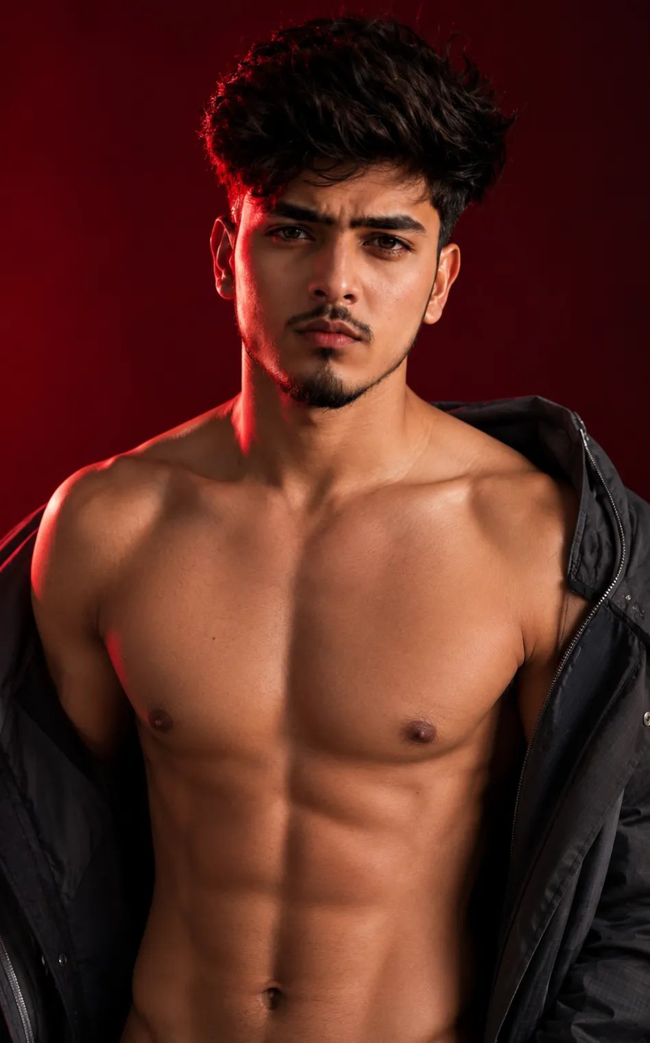 studio lights. His face is exceptionally attractive with sharp jawline, high cheekbones, straight nose, and intense dark brown eyes looking