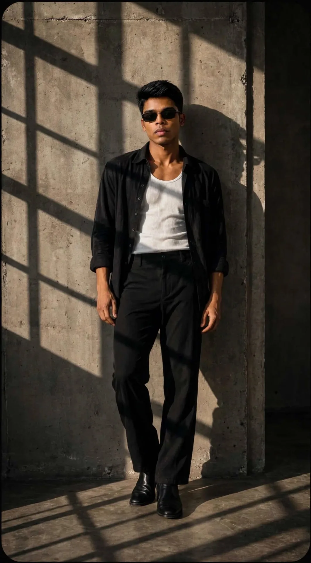 Cinematic fashion editorial portrait of a young South Asian man sitting on a modern chrome chair, wearing black rectangular sunglasses,