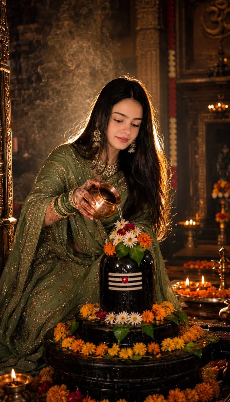 Create a photorealistic cinematic devotional scene inside an ancient Indian stone temple.