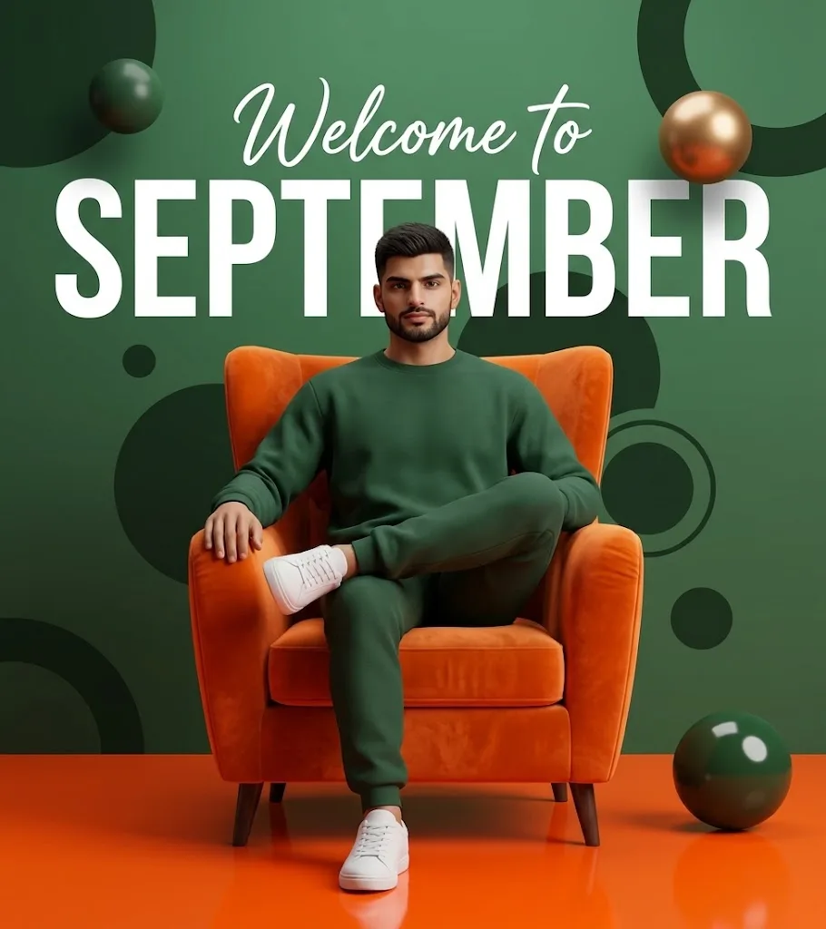 { "core_content": { "main_description": "A man dressed in a Neon Orange tracksuit sits relaxed in a large, plush, orange arm chair, against