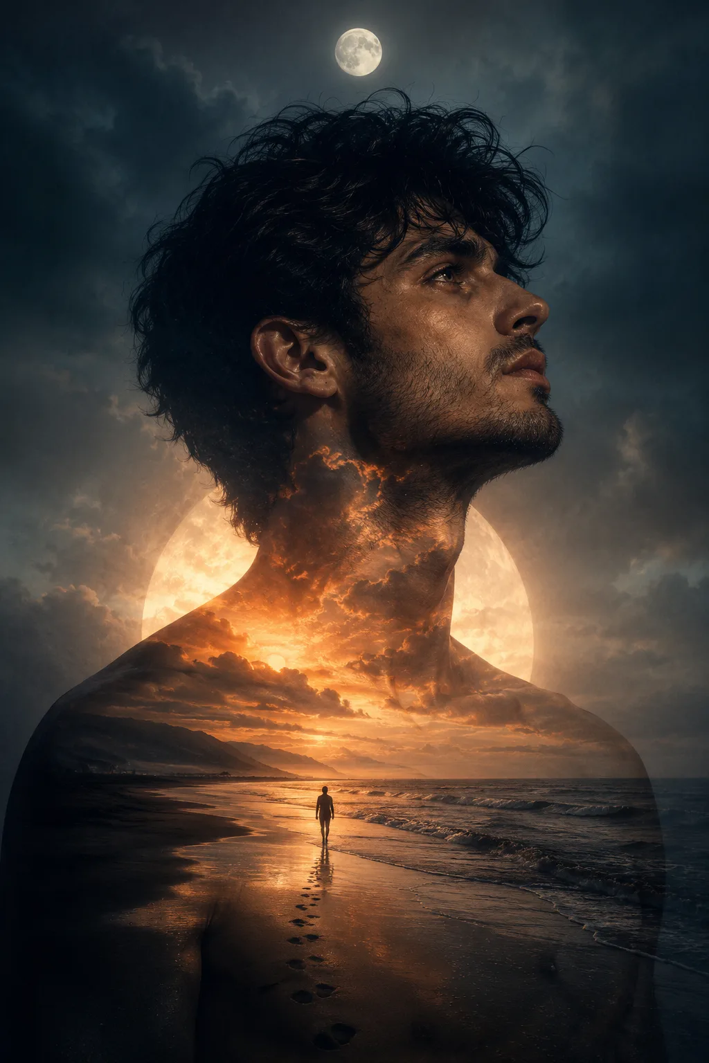 A highly cinematic, surreal photorealistic portrait of a young adult man shown in a dramatic side-profile composition, facing toward the