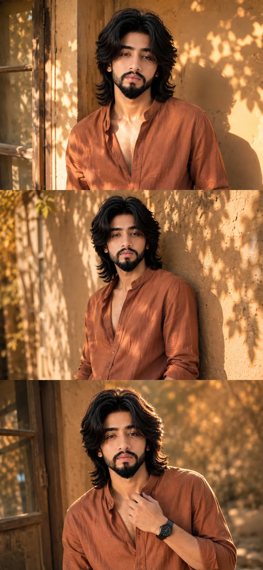 Zafar, a vertical 3-panel aesthetic photo collage featuring three warm golden-hour portraits.
