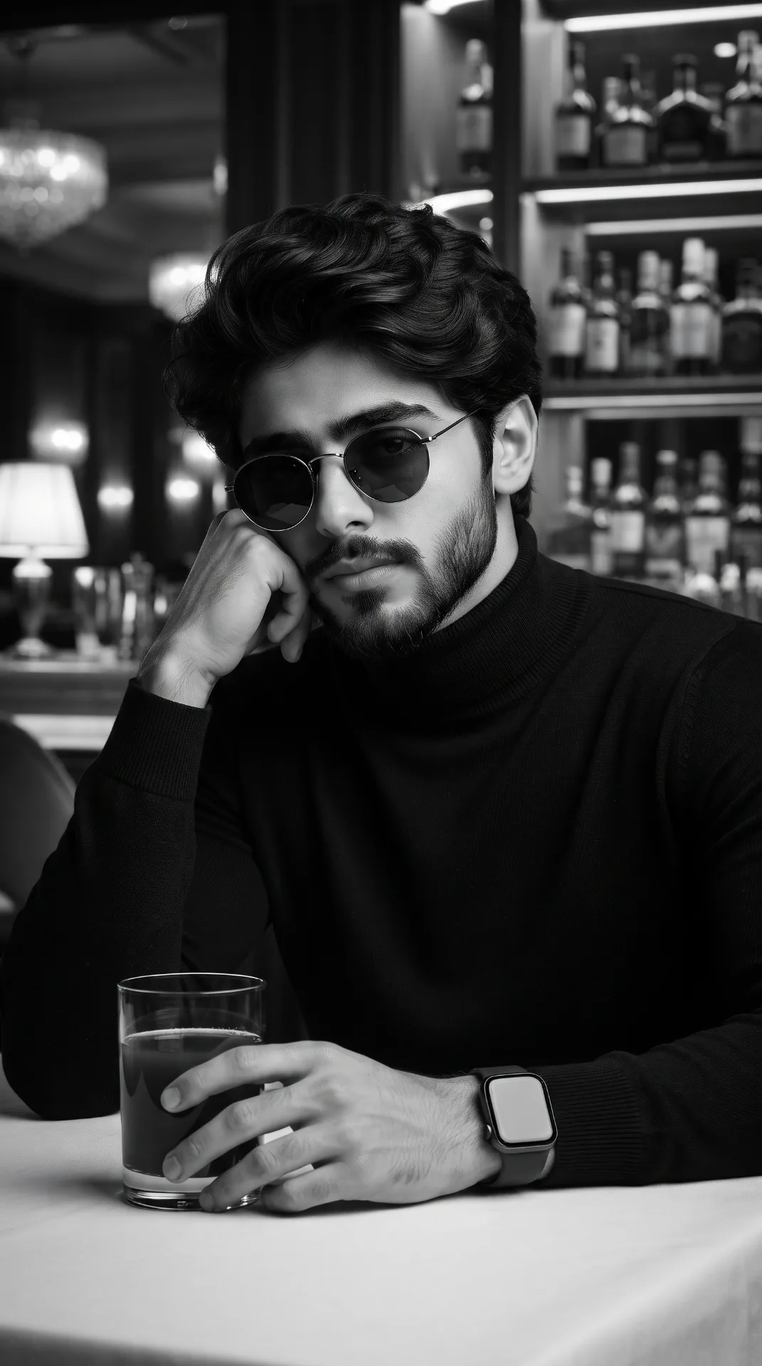 Ultra-realistic black-and-white cinematic portrait of a handsome man seated in an upscale luxury restaurant or cocktail bar, using the