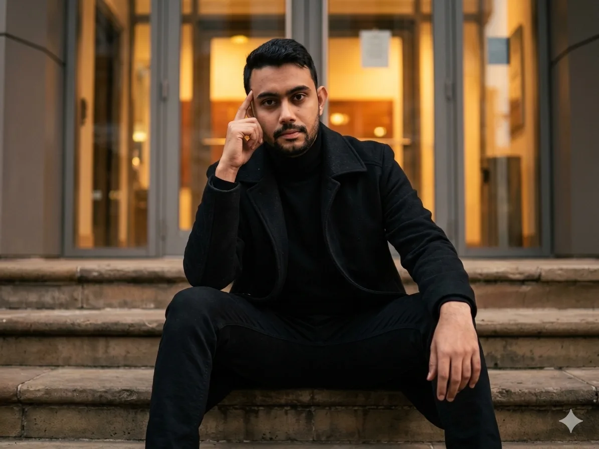 A cinematic urban portrait of me, keeping my real face unchanged.