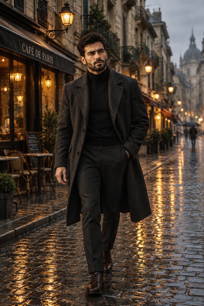 Man on Rainy European Street