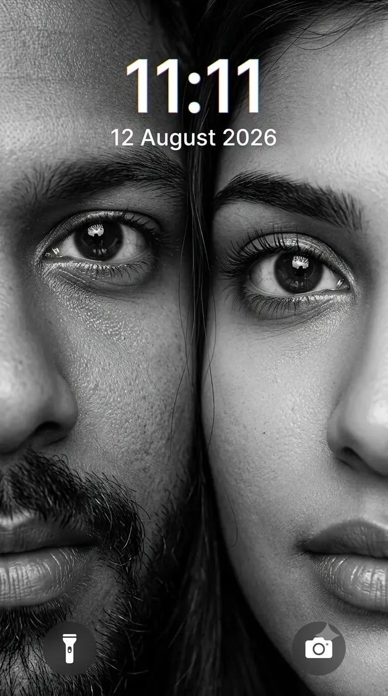Ultra-realistic Android b/w lockscreen wallpaper, extreme close-up of couple faces, only one eye each visible.