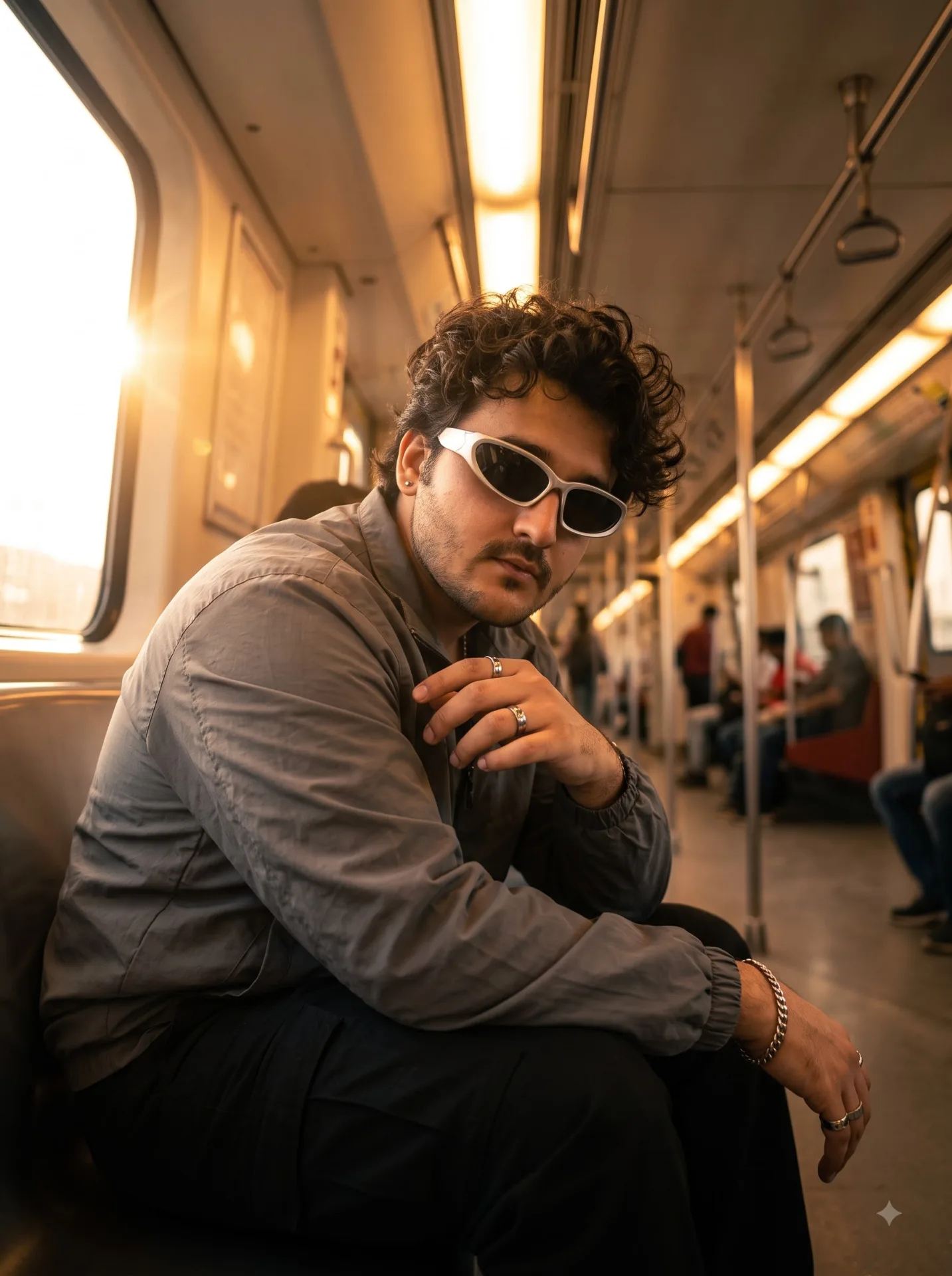 A cinematic, moody, ultra-detailed portrait of a stylish young man with curly hair, mustache and short beard, wearing sleek silver