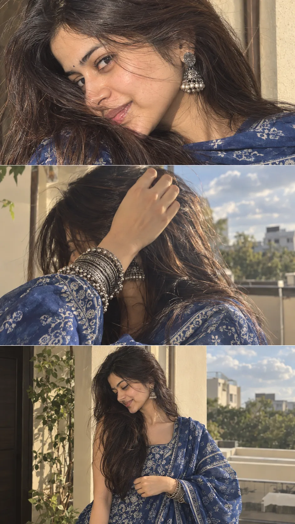 Prompt 👇 Ultra-realistic soft desi 3-frame vertical collage, airy feminine Instagram reel aesthetic, warm cinematic daylight, realistic
