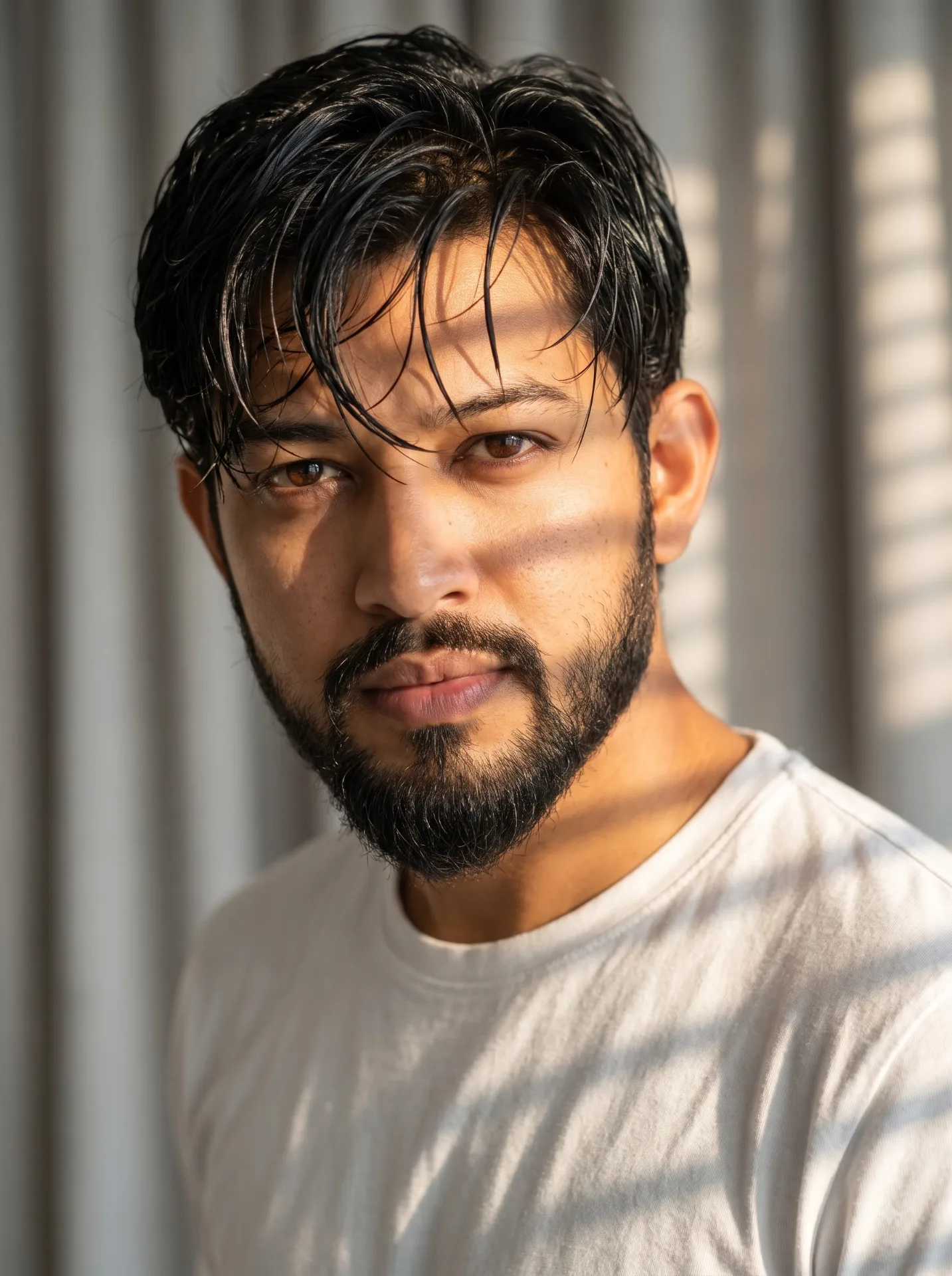 Cinematic Portrait Prompt Ultra-realistic close-up portrait of a handsome young man with thick wet black hair falling naturally across his