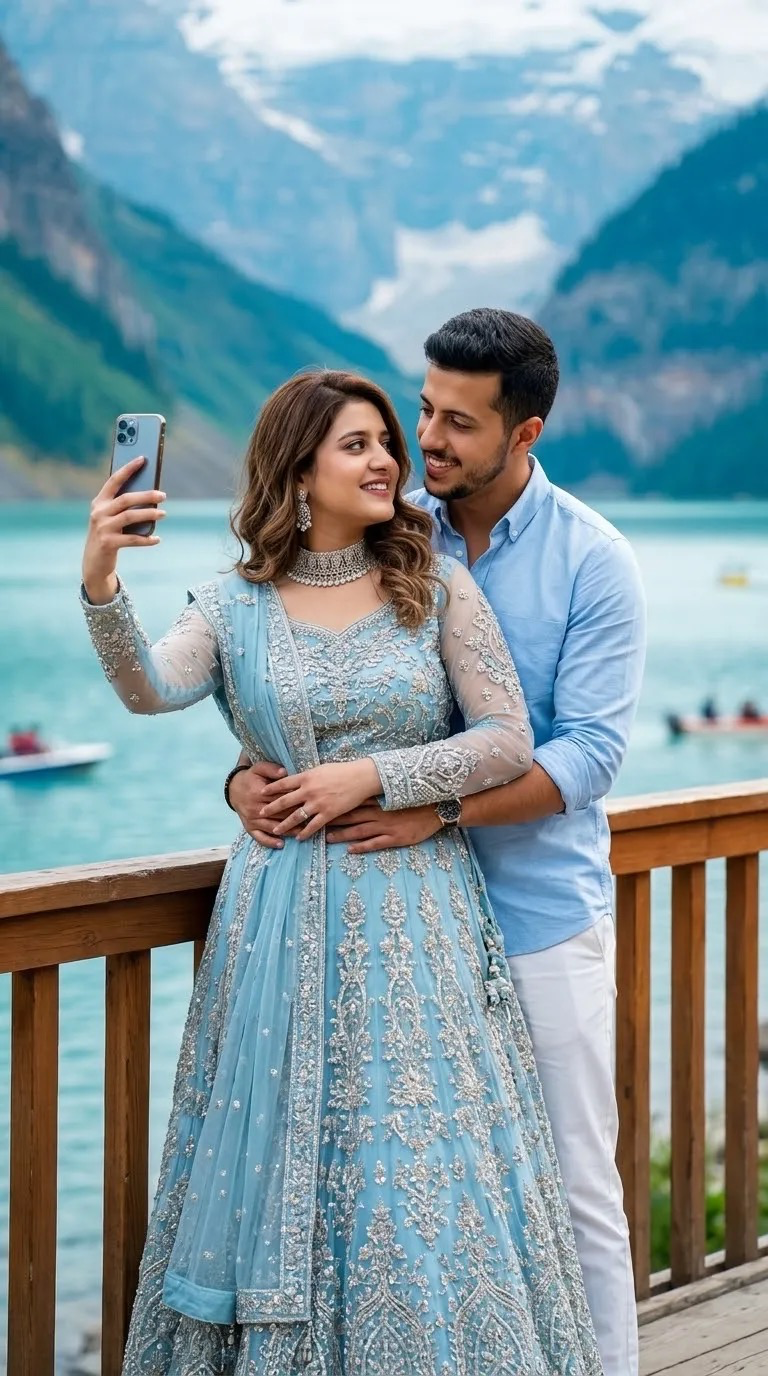A young romantic cinematic Pakistani couple taking a selfie together on a lakeside balcony, surrounded by breathtaking blue mountains and